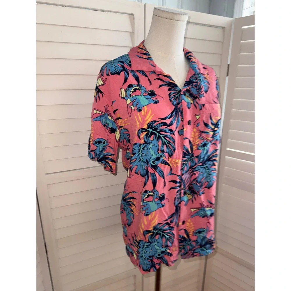 Disney Stitch Hawaiian Shirt Mens Pink Aloha Tropical Button Up Size Small - Picture 3 of 7